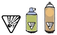 Picture of an explosion inside an upside down triangle shape explosive symbol, container examples with explosive symbol.