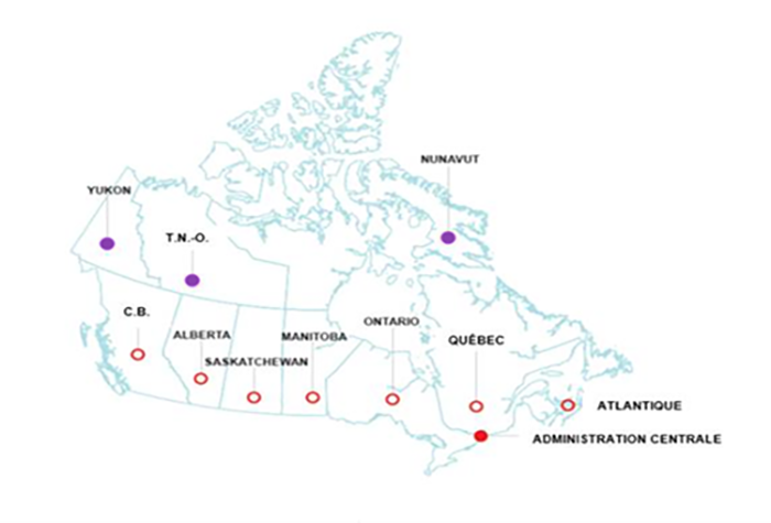 Carte des bureaux régionaux